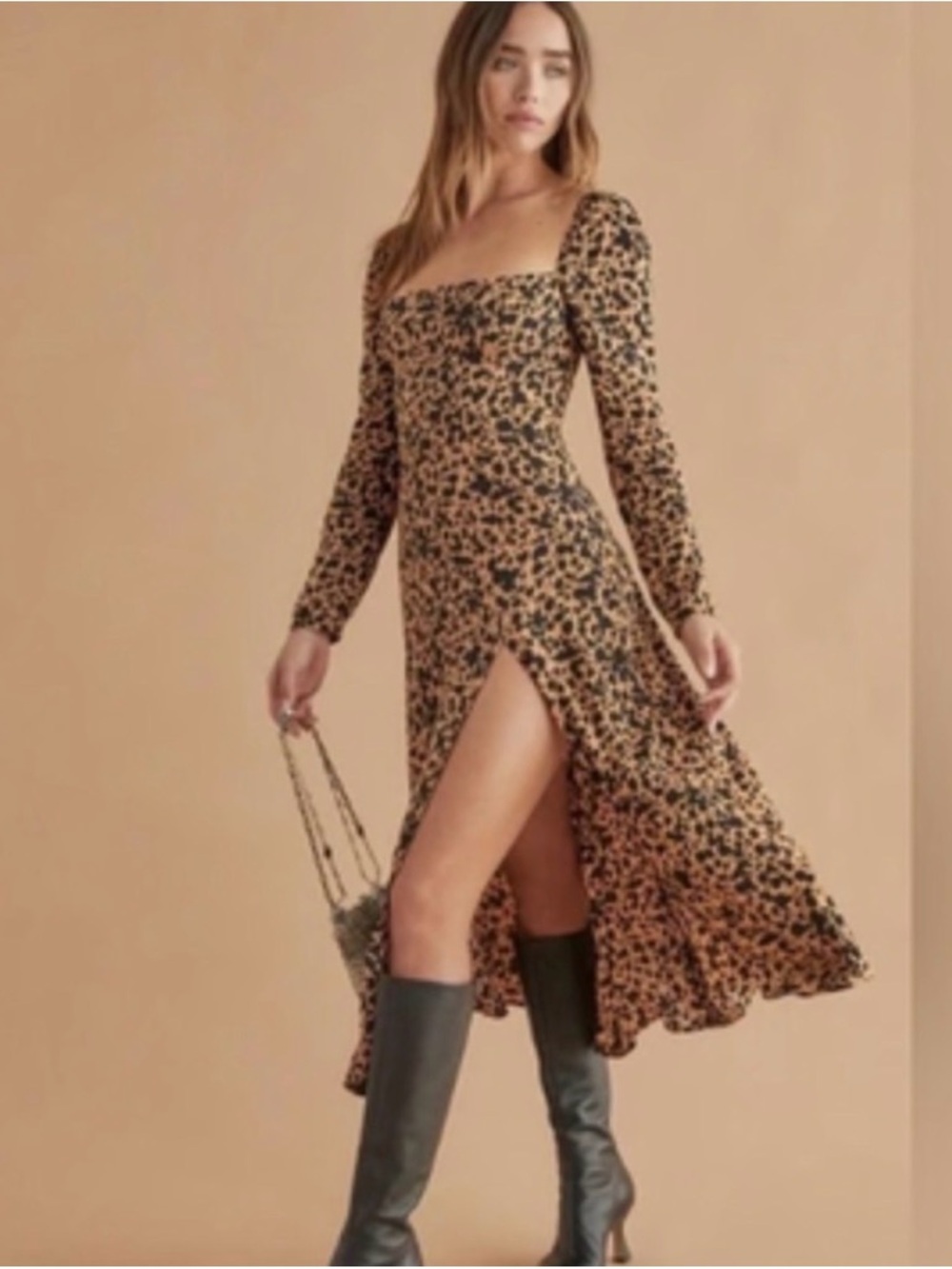 Reformation Leopard-Print Long Sleeve Square Neck Midi Dress - Tan & Black